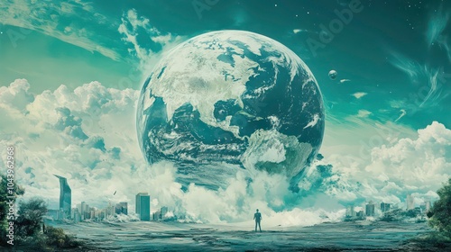 A lone figure stands on a rocky outcropping, gazing up at a giant Earth hovering in the sky, surrounded by fluffy clouds and two small, distant spacecrafts.