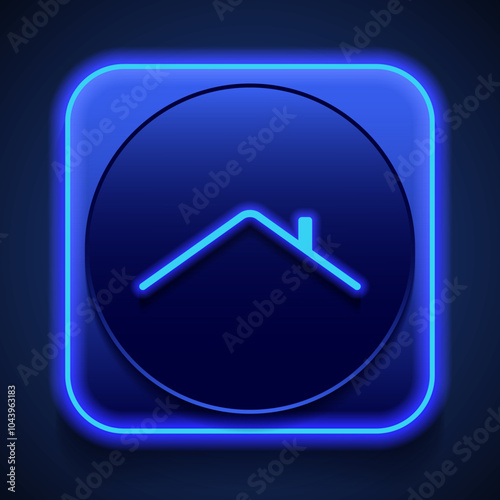 House roof simple icon vector. Flat design. Blue neon style on button. With shadow