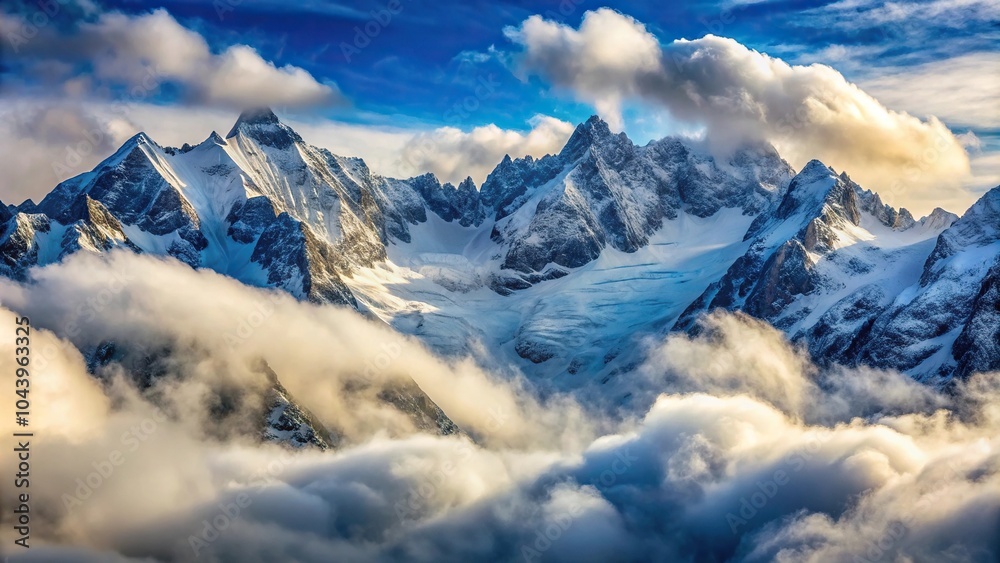 Obraz premium Close-Up view of snow-covered mountains surrounded by clouds