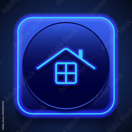 House roof and window simple icon vector. Flat design. Blue neon style on button. With shadow