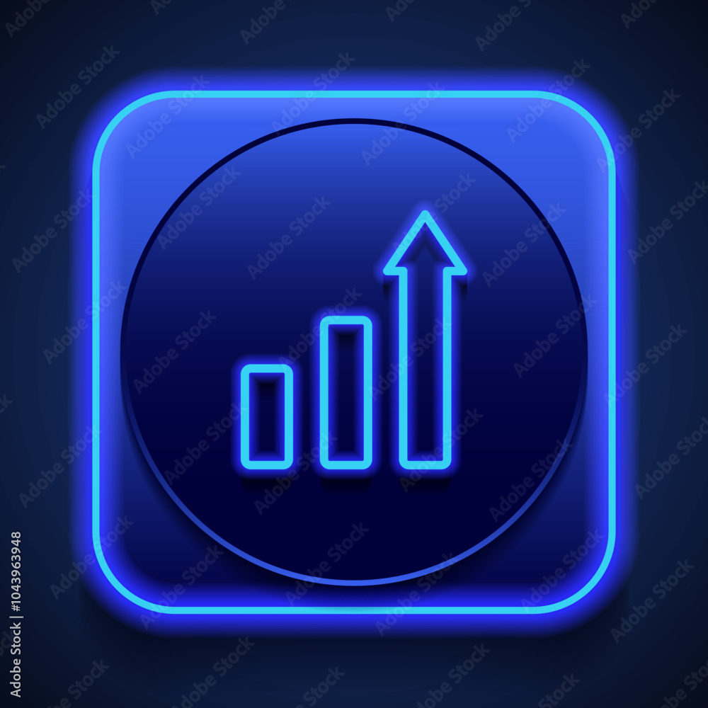 Growing graph, sales analytics simple icon vector. Flat design. Blue neon style on button. With shadow Growing graph, sales analytics simple icon vector. Flat design. Blue neon style on button. With shadow