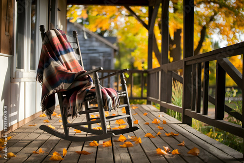 Wooden porch with plaid blanket and fallen leaves, surrounded by vibrant autumn trees