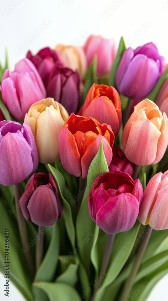 A vibrant bouquet of tulips in various colors arranged elegantly on a white background A vibrant bouquet of tulips in various colors arranged elegantly on a white background