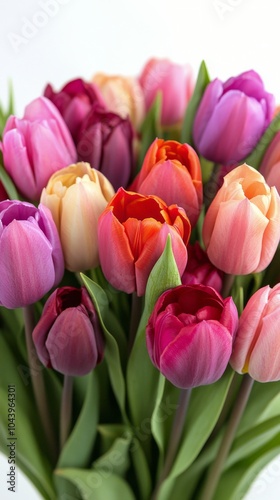 A vibrant bouquet of tulips in various colors arranged elegantly on a white background