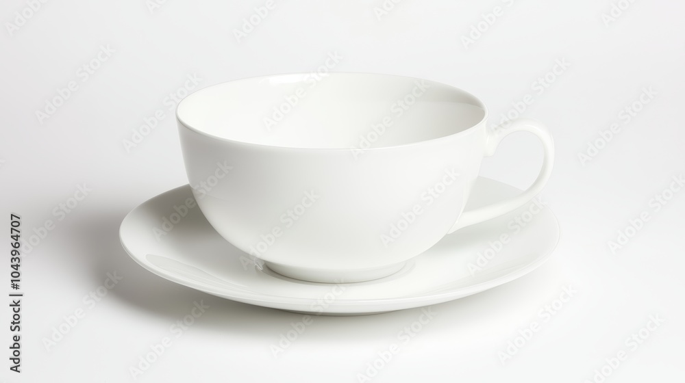 Fototapeta premium A single white porcelain teacup with a saucer, isolated on a white background, with a clean, simple design and subtle shadow