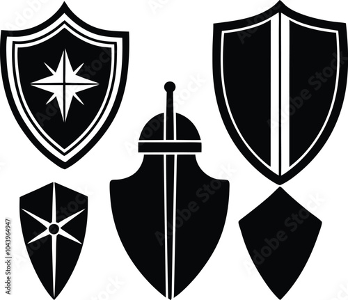 Here is a set of flat silhouette icons featuring protective shields in various shapes, ideal for knightly military insignia designs