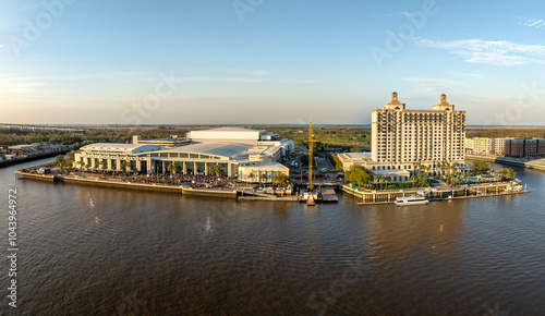 Savannah convention center in Savannah, Georgia. Waterfront American architecture. Southern USA cityscape at sunset photo