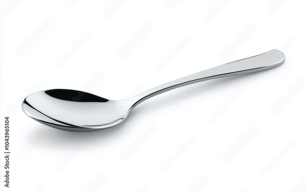 A single stainless steel spoon, isolated on a white background, with a polished finish and a subtle shadow A single stainless steel spoon, isolated on a white background, with a polished finish and a subtle shadow