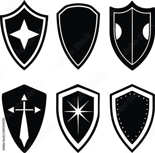 Here is a set of flat silhouette icons featuring protective shields in various shapes, ideal for knightly military insignia designs