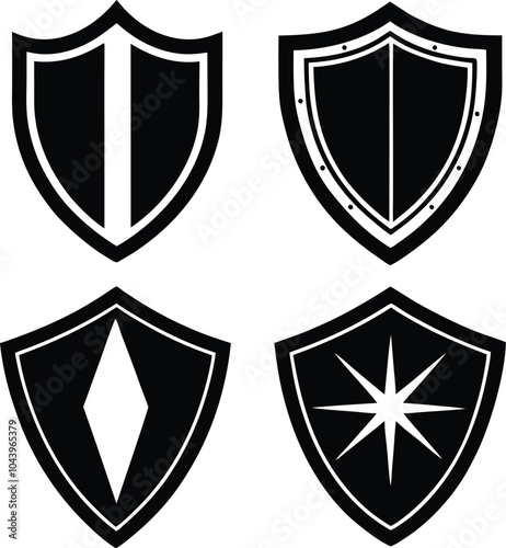 Here is a set of flat silhouette icons featuring protective shields in various shapes, ideal for knightly military insignia designs