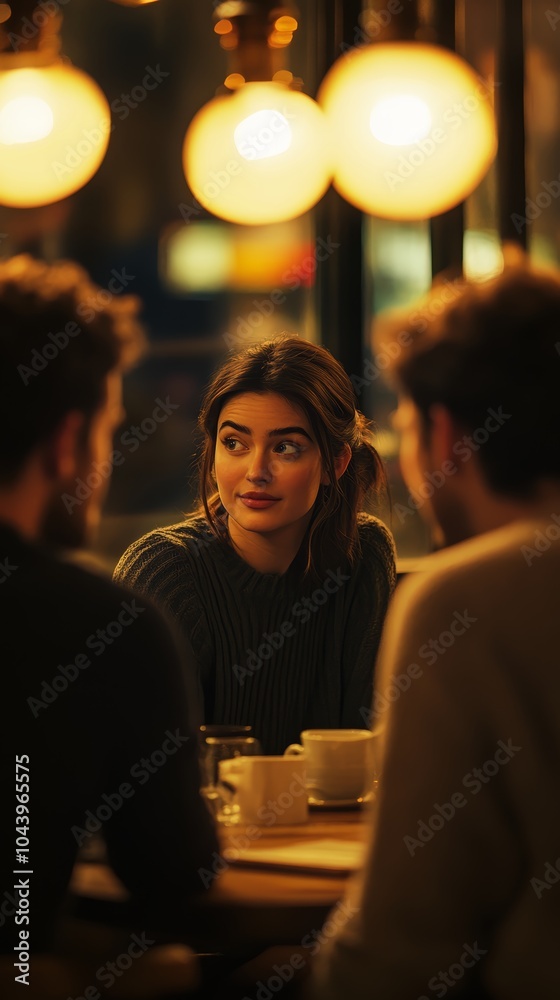A young woman with a thoughtful expression engages in conversation with friends. A young woman with a thoughtful expression engages in conversation with friends.