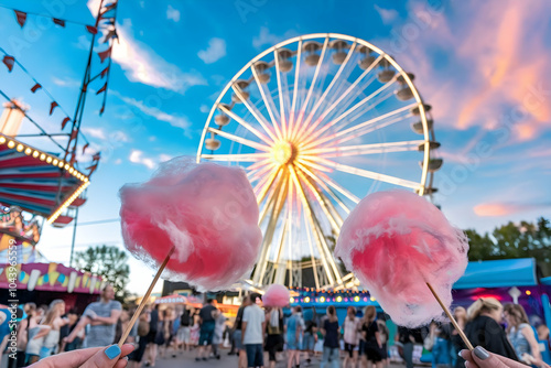 Fototapeta Naklejka Na Ścianę i Meble -  Carnival scene with fluffy cotton candy clouds and a spinning Ferris wheel