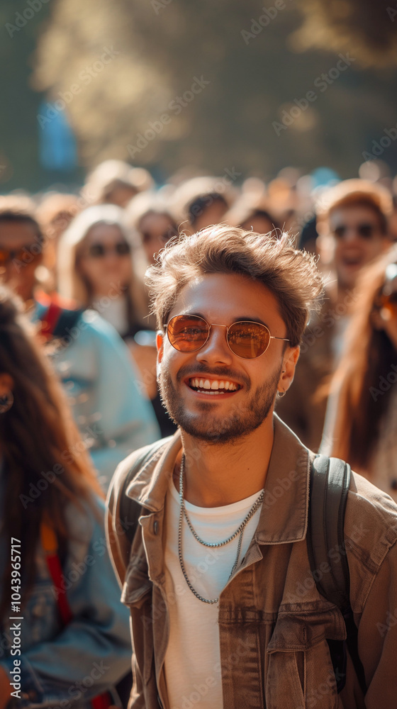 Obraz premium Joyful man in sunglasses smiling at an outdoor festival.