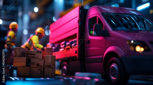 Two workers load boxes into a delivery truck in a warehouse.