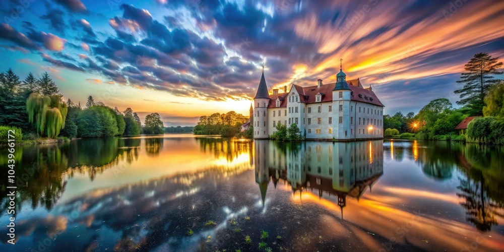 Fototapeta premium Long Exposure of Schloss Ahrensburg at Twilight â€“ Capturing the Enchantment of Germany's Historic Castle