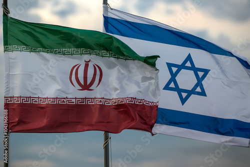 Iranian and Israeli flags wave together in a dynamic, tension filled scene