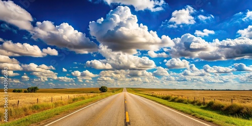Fototapeta Naklejka Na Ścianę i Meble -  Scenic country road in Oklahoma with white clouds against a blue sky
