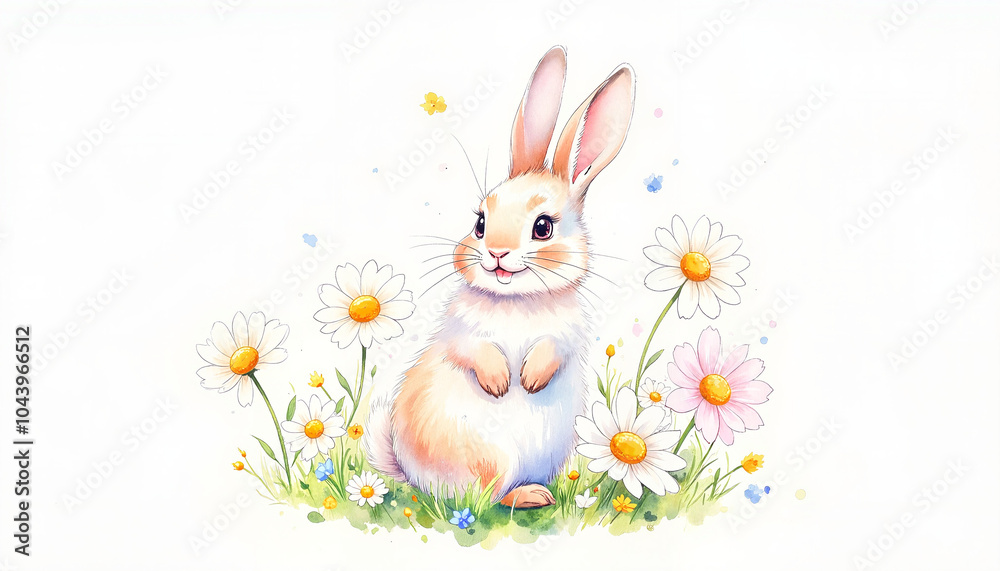 Fototapeta premium Charming bunny sitting happily among daisies and colorful flowers in a bright meadow