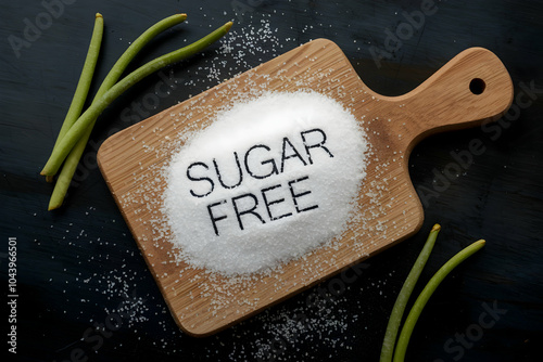 SUGAR FREE written on granulated sugar atop a dark cutting board photo