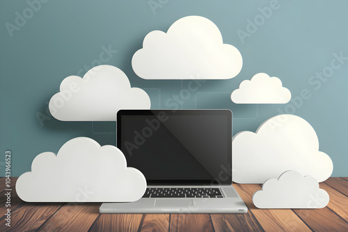 Laptop on wooden table with cloud cutouts, evoking innovation and creativity