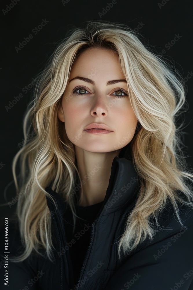 A woman with long blonde hair poses confidently against a dark background in natural lighting A woman with long blonde hair poses confidently against a dark background in natural lighting
