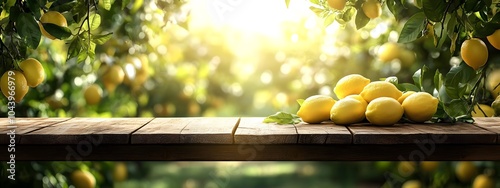 A wooden table with lemons on top, lemon trees in the background, sunlight filtering through the leaves, the focus is blurred on the lemons and green leaves. 