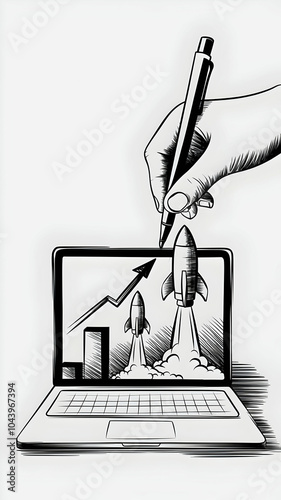 Hand draws a laptop sketch symbolizing business growth potential Vertical Mobile Wallpaper