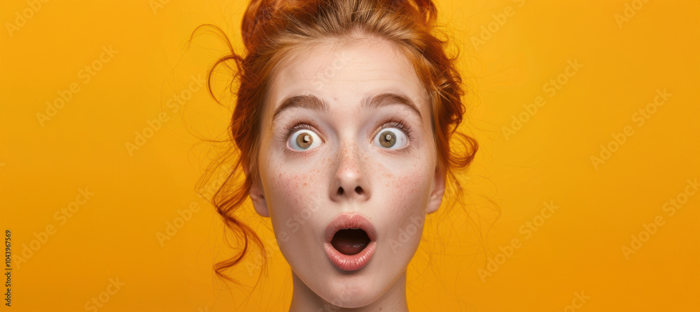 Surprised Young Woman Against Bright Yellow Background for Expressive Advertising Design Surprised Young Woman Against Bright Yellow Background for Expressive Advertising Design