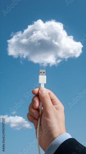 USB cable connects digital data to cloud services under blue sky Vertical Mobile Wallpaper