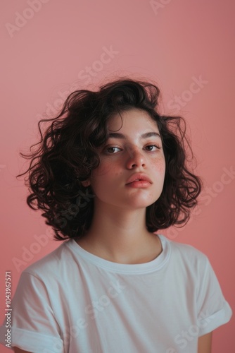 Thoughtful Young Woman with Curly Hair Against Pastel Pink Background for Introspective Designs