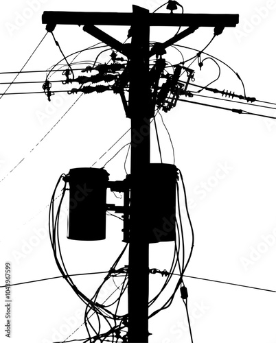 A silhouette of a utility pole with transformers