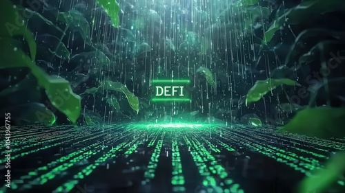 Digital representation of Decentralized Finance, green tones with binary rain. photo