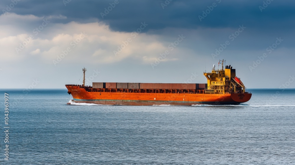 Fototapeta premium Modern cargo ship, fully laden, sailing through calm seas