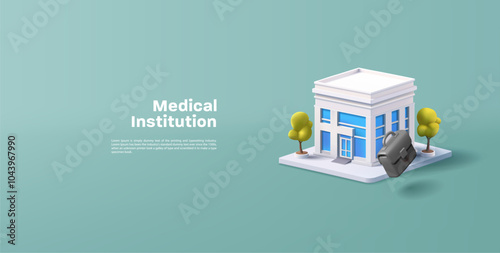 Modern white hospital building, briefcase, 3D. Banner for medical institute, pharmacy, private clinic, stomatology. Vector
