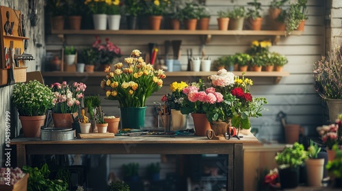 A wide shot of a florist shop interior, with fresh flowers, potted plants, and tools neatly arranged on the workbench.