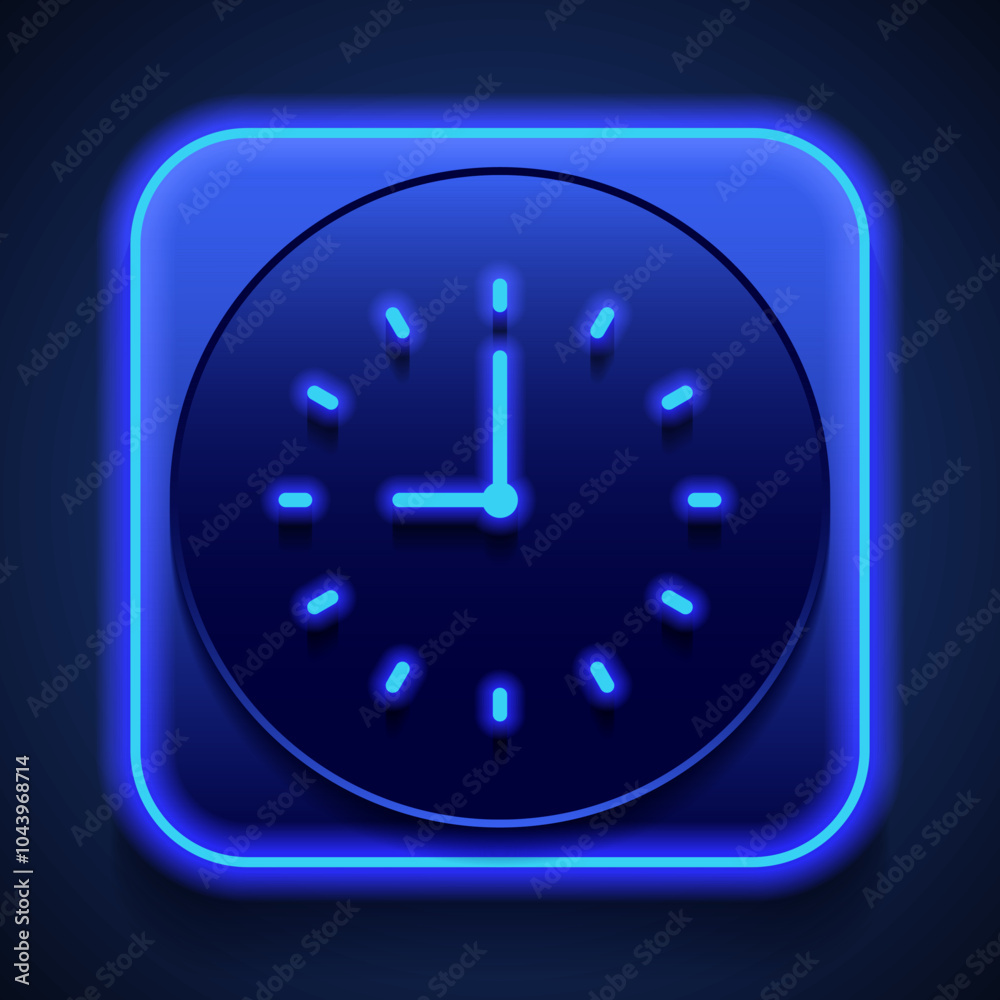 Clock simple icon vector. Flat design. Blue neon style on button. With shadow