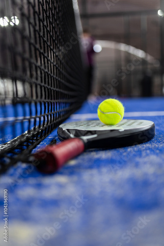A padel racket and a tennis ball rest on a blue court after a game of padel tennis