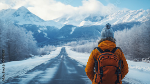 A traveler with an orange backpack stands at the beginning of winter, looking down along a snowy road leading to snow-covered mountains in the distance