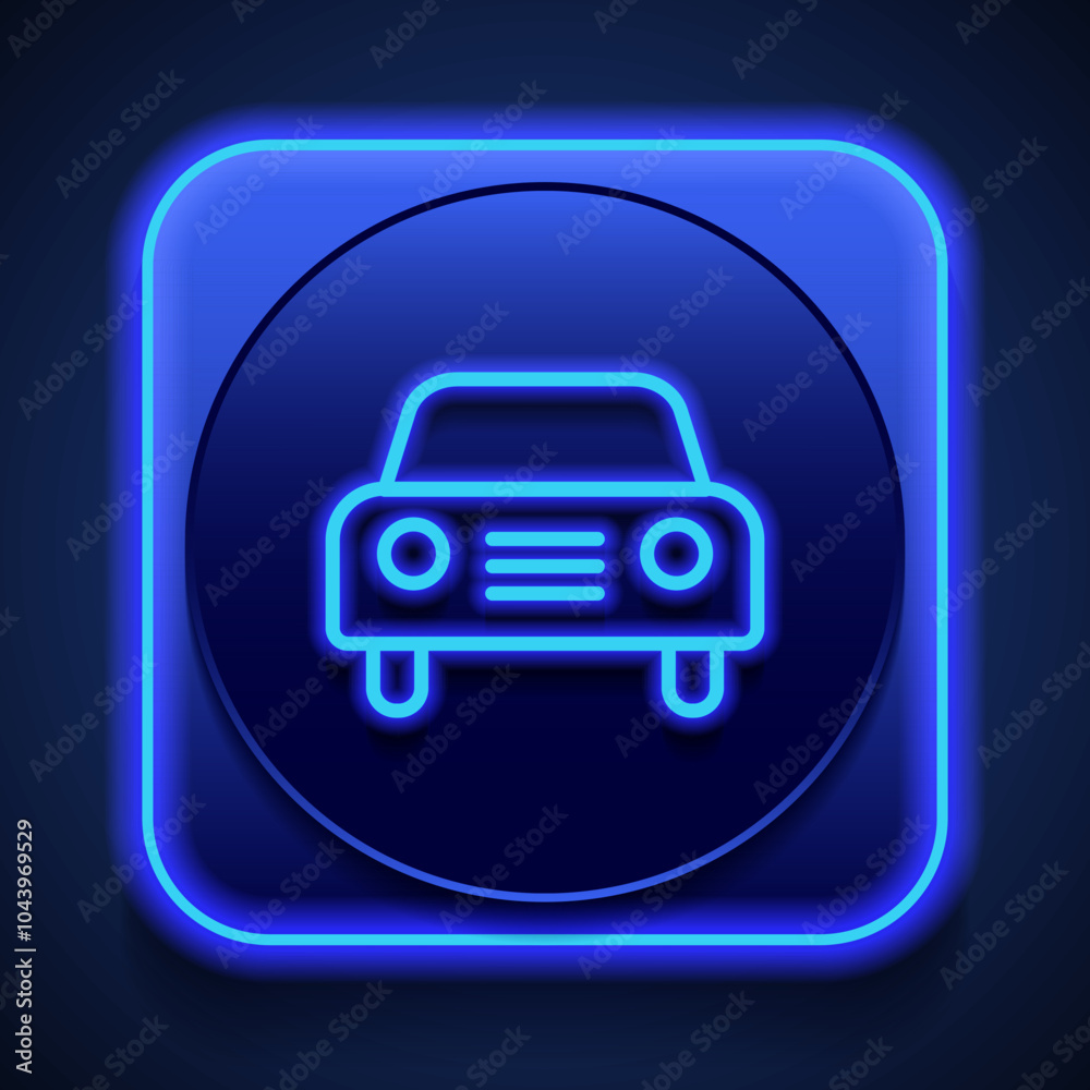 Car simple icon vector. Flat design. Blue neon style on button. With shadow Car simple icon vector. Flat design. Blue neon style on button. With shadow
