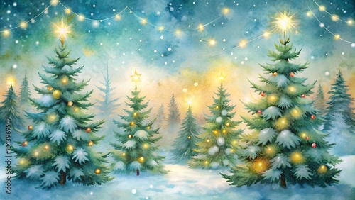 Christmas trees decorated with lights in a snowy winter landscape at dusk