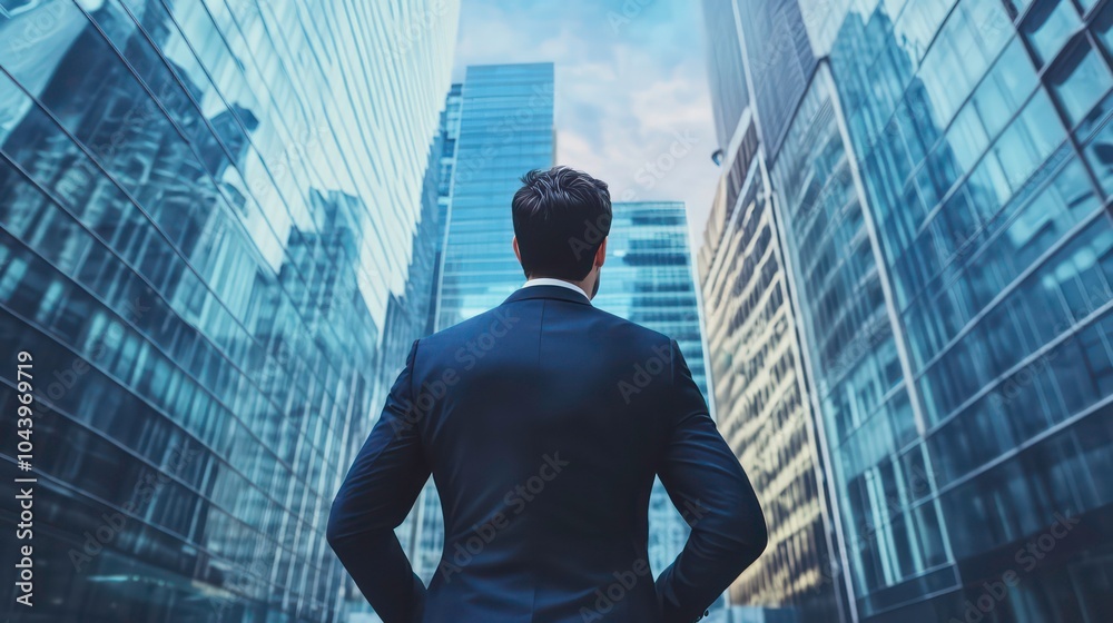 A businessman stands in a city street, looking up at the tall office buildings around him. He is wearing a suit and has his hands on his hips. The sky is blue and there are clouds in the distance. A businessman stands in a city street, looking up at the tall office buildings around him. He is wearing a suit and has his hands on his hips. The sky is blue and there are clouds in the distance.