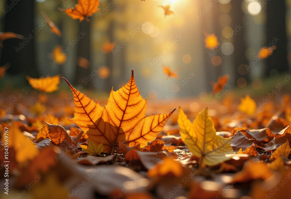 Golden Maple Leaf in Magical Autumn Forest Light Golden Maple Leaf in Magical Autumn Forest Light