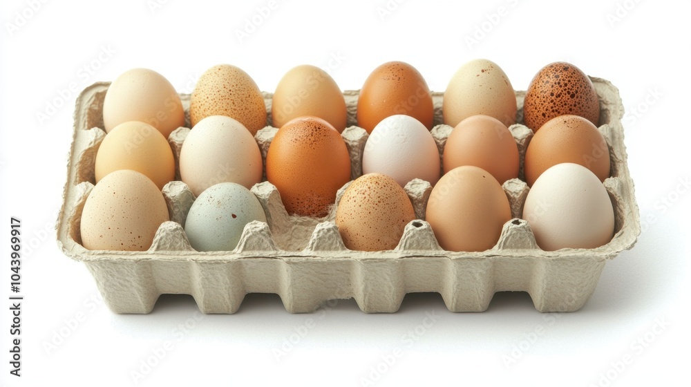 An egg carton filled with free-range chicken eggs, each shell uniquely speckled and textured. An egg carton filled with free-range chicken eggs, each shell uniquely speckled and textured.