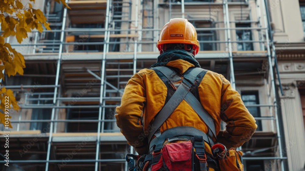 Fototapeta premium A construction worker observing renovation at a historic building with scaffolding in place