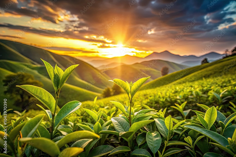 Low Light Photography of Fresh Tea Leaves in a Lush Plantation at Sunset Low Light Photography of Fresh Tea Leaves in a Lush Plantation at Sunset