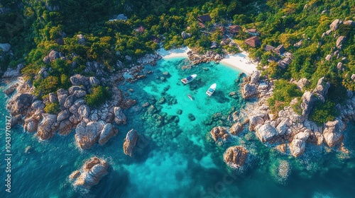 Aerial view of a secluded tropical beach with crystal clear water, surrounded by lush green vegetation and rocky cliffs.