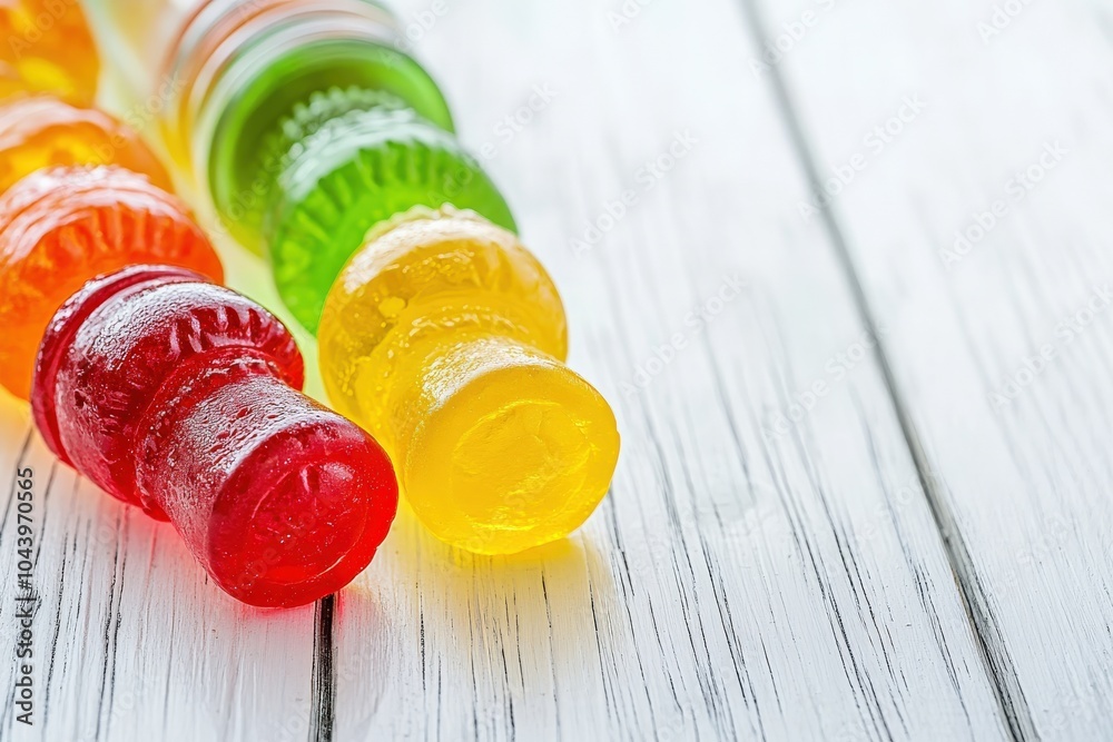 Gummy Fruit Candy. Bright Colored Candies on White Wooden Table with Delicious Fruits