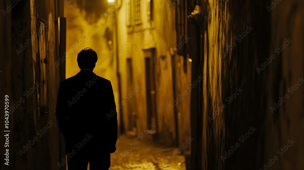 Mysterious Silhouette Traversing Dimly Lit Alleyway at Night Mysterious Silhouette Traversing Dimly Lit Alleyway at Night