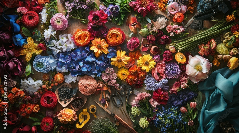 An overhead view of a florists table filled with a variety of colorful flowers, ribbons, and trimming tools An overhead view of a florists table filled with a variety of colorful flowers, ribbons, and trimming tools
