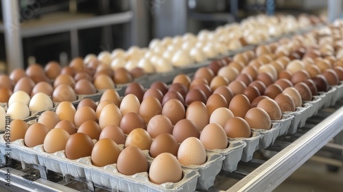 A stunning array of fresh eggs displayed in an industrial setting highlighting their diverse colors and textures